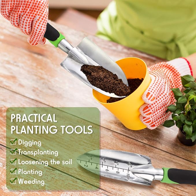Honoson Garden Hand Trowel Transplant Trowel with Measurements Aluminum Alloy Planting Tools with Rubber Handle Small Gardening Hand Tools Shovels for Gardening Cultivating Transplanting Supplies