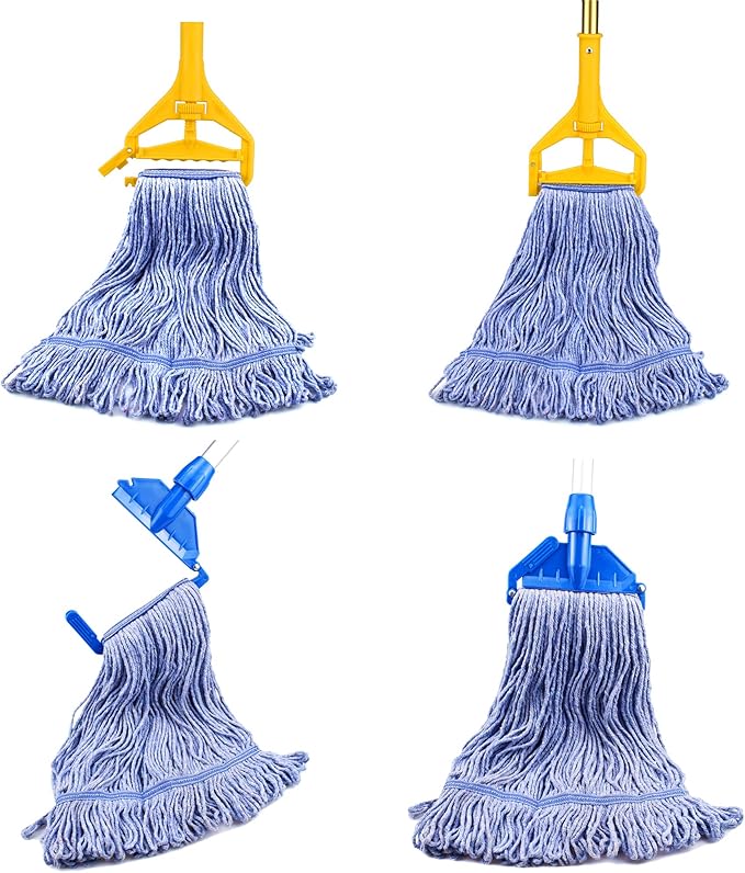 String Mop Heads Replacement Heavy Duty Commercial Grade Blue Cotton Looped End Wet Industrial Cleaning Mop Head Refills (6, Medium)