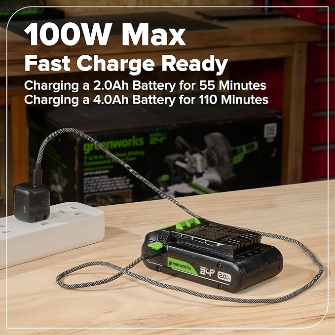 Greenworks 24V Brushless Cordless Impact Driver (1950 in-lbs.), 1/4" Hex Collet, 2.0Ah USB-C Battery, 30W USB-C Charger & 3.3FT Braided Cable, Compatible with iPhone/iPad/Samsung & More