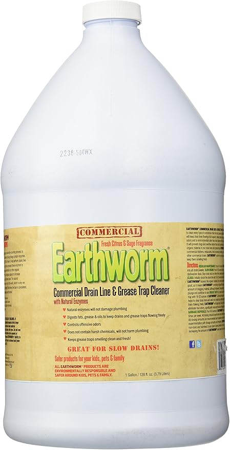 Earthworm Commercial Drain Line and Grease Trap Cleaner Treatment - Clog Remover - Drain Opener/Deodorizer - Natural Enzymes, Environmentally Responsible - 1 Gallon
