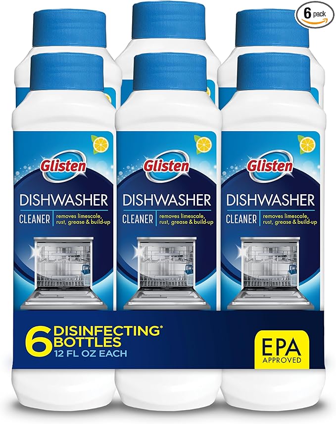 Glisten Dishwasher Cleaner, Removes Limescale, Rust, Buildup, and Grease, Lemon Scent, 12 Ounce Bottle, 6-Pack