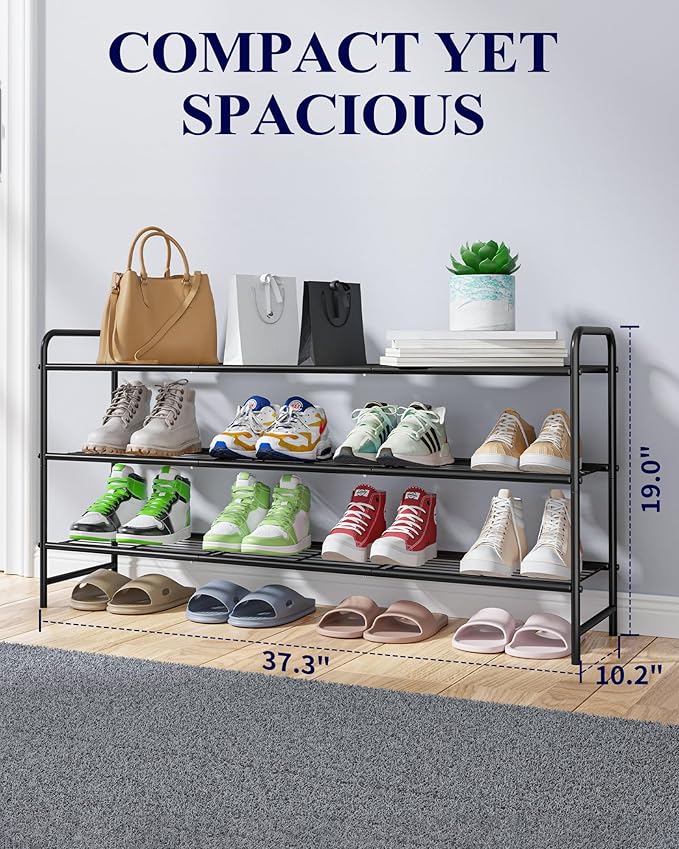 Kitsure Shoe Rack - Stainless Steel Shoe Organizer, Sturdy Shoe Rack for Closet and Front Door Entrance, Free Standing Shoe Shelf, Closet Organizers and Storage, 37.3" Wide - 3 Tier, Black