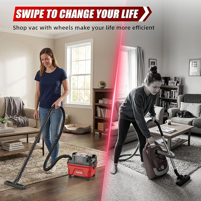 Cordless Shop Vac - 3 Gallon Small Shop Vac Wet and Dry with Accessories, 2 x 4.0Ah Batteries Wet Dry Vacuum, Ideal for Garage, Car, Workshop (Red)
