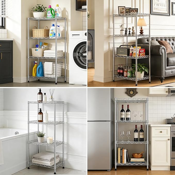 4-Tier Metal Shelf Wire Rack,Narrow Shelving Unit 17.3" Wx11.4 Dx44.3 H,Height Adjustable Kitchen Pantry Shelves with Lockable Wheels Storage for Laundry,Office,Bathroom Or Small Spaces