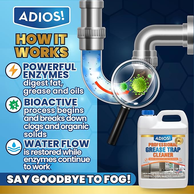 Professional Grease Trap Cleaner for FOG – Cleans Fats, Oils & Grease from Drains Pipes, Safe Enzyme Based Formula for Preventative Maintenance