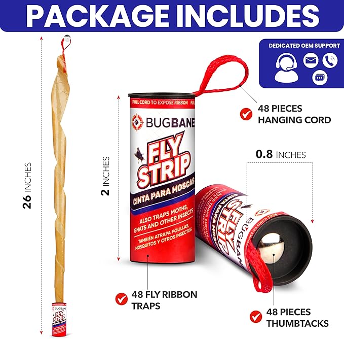 Fly Strips Indoor Sticky Hanging 48pk with Pins. Non Toxic Outdoor Fly Trap Indoor for Home. Flies Tape Paper Trap Ribbon Roll for House Gnat Fruit and Housefly. Bug Catchers for Inside Home Flypaper