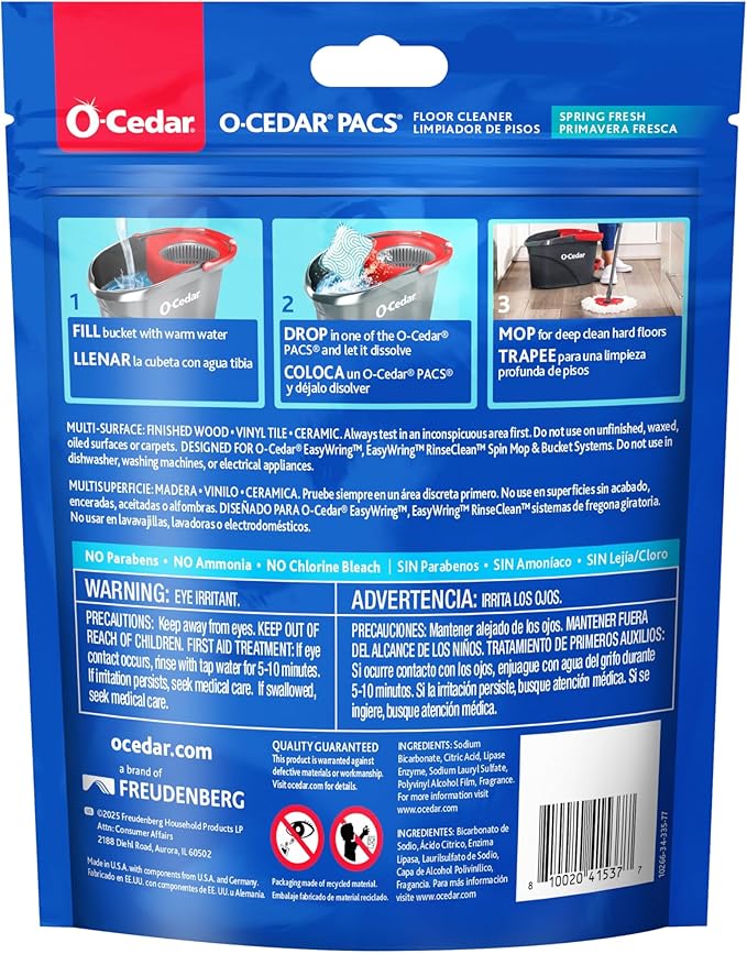 O-Cedar PACS Hard Floor Cleaner, Spring Fresh Scent 24 Count (1-Pack) | Made with Naturally-Derived Ingredients | Safe to Use on All Hard Floors | Perfect for Mop Buckets
