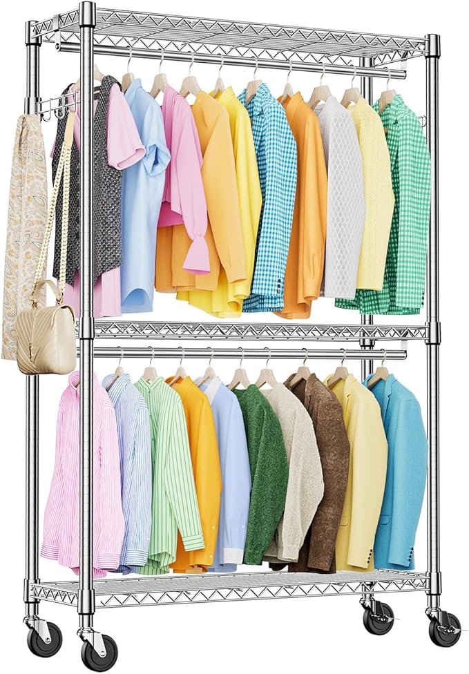 IZEUK Heavy Duty Rolling Garment Rack Wire Clothes Rack for Hanging Clothes (Chrome, 3 Tier with 2 Rod, 15.7" D x 45.3" W x 79.6" H)