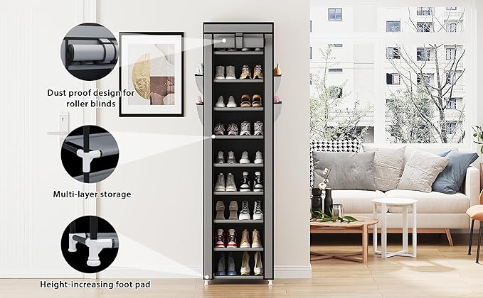 Calmootey 9 Tier Shoe Rack Organizer,Portable Shoe Shelf with Nonwoven Fabric Cover for Closet Hallway,Bedroom,Entryway,17.72x11.81x62.99inches,Grey