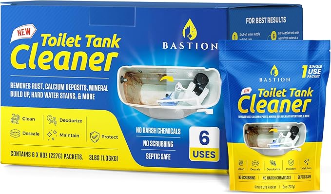 Bastion Toilet Tank Cleaner - 6-Uses. (*Not For Toilet Bowl*) Removes Rust, Mineral Deposits, Hard Water Stains, & Calcium Build Up. Contains 6 X 8oz Single Use Packets