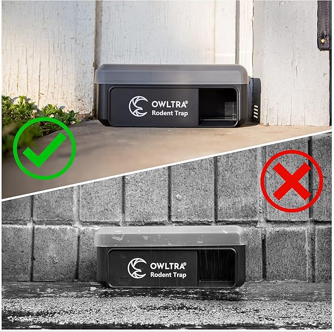 OWLTRA OW-7 in-/Outdoor Electric Rodent Trap, Instant Kill Mouse & Rat Zapper with Waterproof Cover, Sound & Light Alarm, and Batteries or USB Power Source, Waterproof Grade IPX4, Black