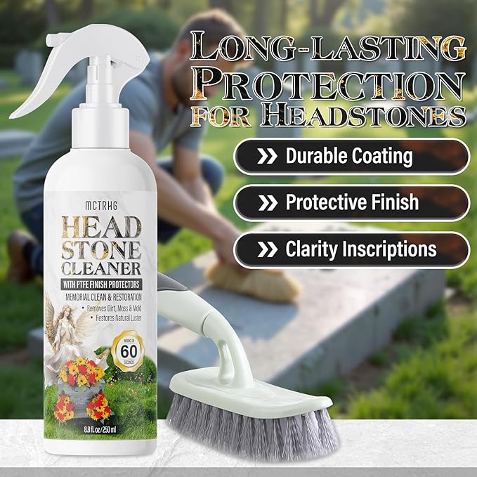 Headstone Cleaner for Graves, Tombstone & Headstone, Removes Dirt, Moss & Other Grime, Tombstone cleaner for Restoring Natural Luster on Granite, Stone, Marble, Slate, Concrete & More, 8.8 oz