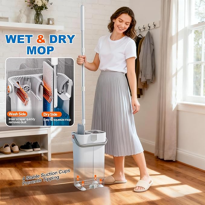 CTIME Large Mop and Bucket Set, Flat Mop and Bucket System, Wall Mop with Adjustable Handle (Max 70.87 Inches), Mops for Floor Cleaning, 6 Washable 15.74'' Microfiber Mop Pads