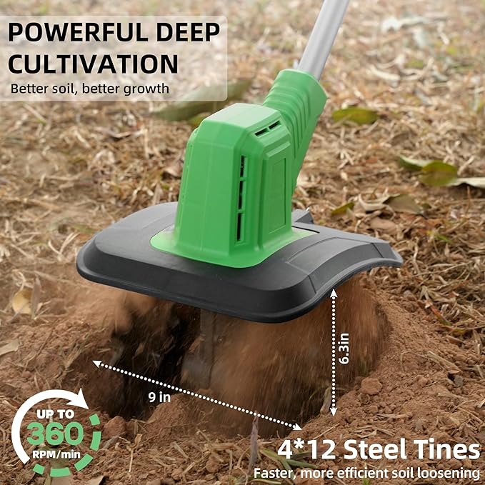 Cordless Tiller Cultivator, 360RPM Battery Powered Garden Cultivator, with 2 * 4.0Ah Batteries & Charger, 9In Tilling Width & 6In Depth Tiller for Gardening