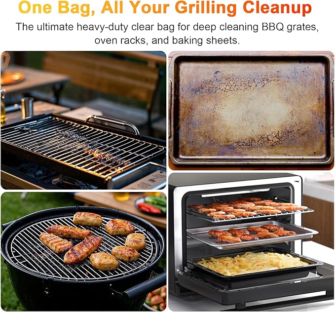 6 Pack Oven Rack Cleaning Bags(No Cleaner Included), Heavy Duty Reusable Leak-Resistant PE Bags for Deep Soaking Grill Grates and BBQ Racks(three 19.6 * 27.5 inch and three 15.7-23.7inch)