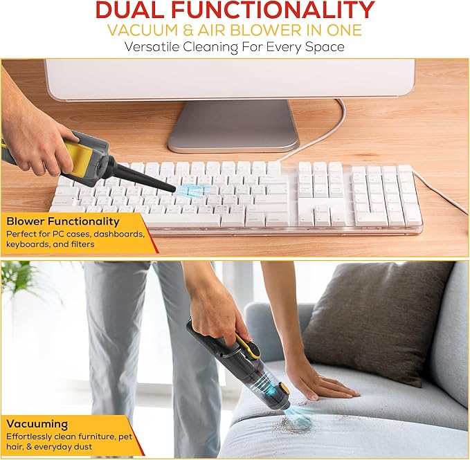 HyperVac 2-in-1 Handheld Portable Car Vacuum Cleaner & Blower, 18500Pa Suction, Corded/Cordless Air Duster with LED Light, Flexible Hoses, USB-C Fast Charge – Ideal for Home, Office & Pets