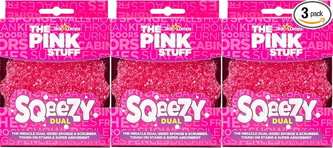 Stardrops – The Pink Stuff – SQeeZY Miracle Dual Sided Scrubber Sponge, Scratch Free Solution for Ultimate Home Cleaning - Perfect for Kitchens, Bathrooms, and Outdoor Use, 3-Pack