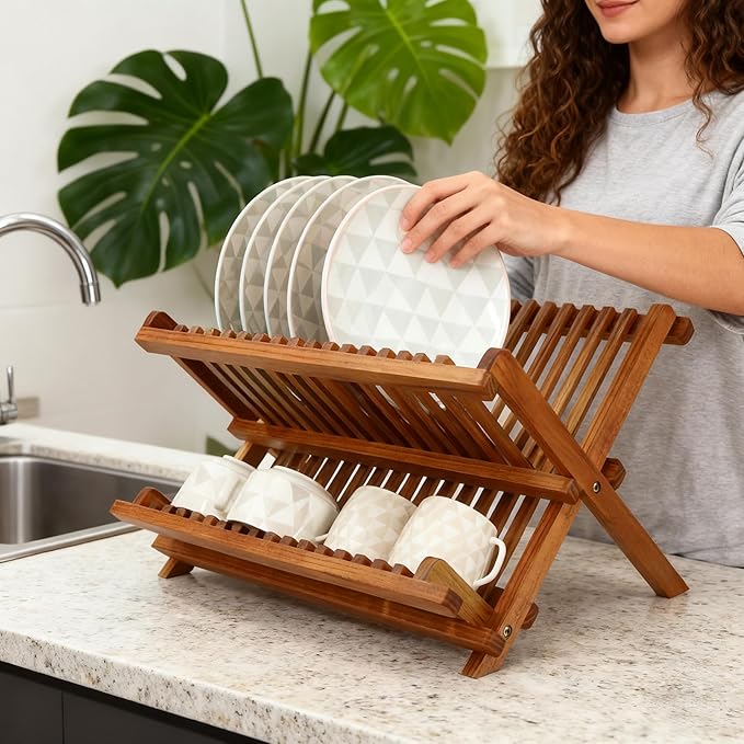 Utoplike Teak Dish Drainer Rack Collapsible 2 Tier Dish Rack Dish Drying Rack Foldable Plate Organizer Holder for Kitchen Compact Countertop