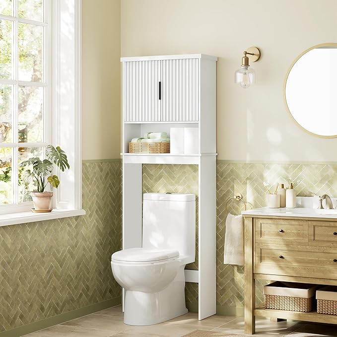 VASAGLE MAXE Collection - Over The Toilet Storage Cabinet, 23.6-Inch Wide Mid Century Modern Bathroom Organizer with Fluted Doors, Adjustable Shelf, Space-Saving, Cloud White UBTS028WB01S