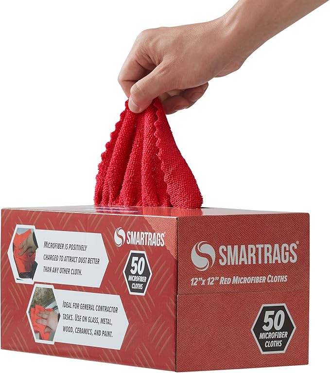 Arkwright Smart Rags Microfiber Cleaning Cloths, Pack of 50 in a Box, Lint Free 180 GSM Reusable Towels for Auto, Office and Household Cleaning, 12 x 12 in, Red