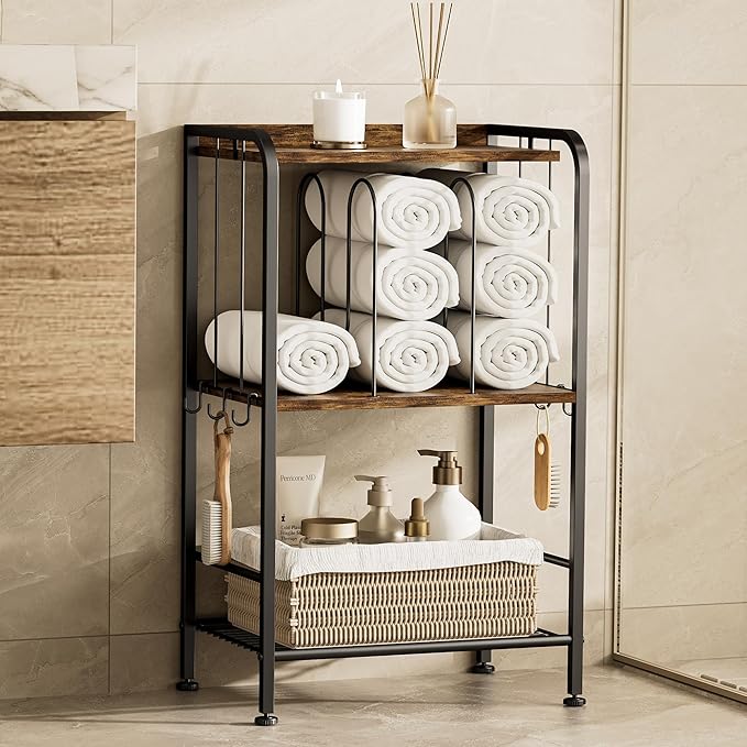 TETOTE 3-Tier Towel Rack, M-Shaped Detachable Dividers Metal Towel Storage Organizer for Bathroom, Laundry, Pool, Free Standing