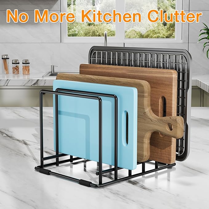 AKSONMN Baking Sheet Organizer Rack – 5-Slot Bakeware & Cookie Tray Holder for Kitchen Cabinet or Countertop, Stainless Steel Cutting Board Rack with Rust-Resistant Frame & Anti-Slip Feet