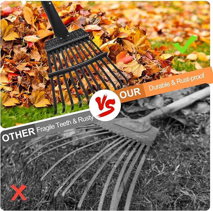 Small Rake for Leaves, 11 Metal Tines Narrow Leaf Rake, 60'' Leaf Rakes for Lawns with Adjustable Steel Handle for Camping Flower Beds Mulch Shrub, Black