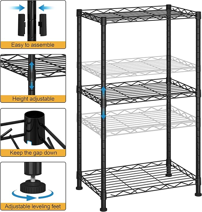 HOMEFORT Storage Shelves, 3-Wire Shelving, Metal Shelving Unit Adjustable Storage Shelves Rack for Kitchen, Pantry, Bathroom, Black, 15.7" W x 11.4" D x 30" H
