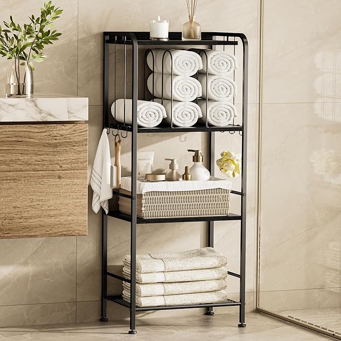 TETOTE 4-Tier Towel Rack for Bathroom M-Shaped Detachable Dividers & Hooks, Free Standing Towel Holder Bathroom Towel Storage Organizer for Pool, Kitchen, Laundry, Black
