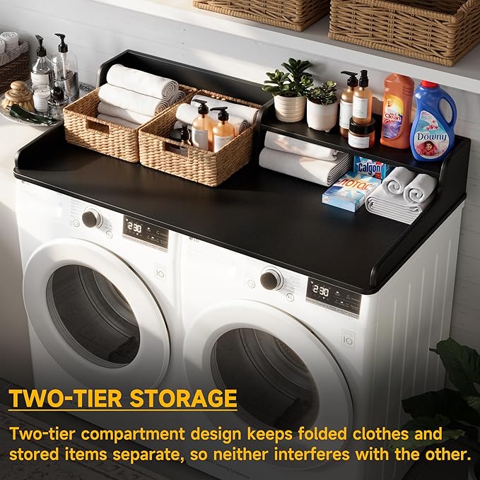 Washer Dryer Countertop, Laundry Wood 2 Tier Shelves Topper with Edge, 54" W x 26.7" D Cover Guard Organizer for Washer and Dryer Laundry Hamper Counter Storage Organization Black