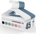 Neaties Plastic Hangers 45 Pack - Made in the USA - 6lb Capacity Standard Clothes Hangers with Strap Hooks for Dresses, Lingerie, Shirts, Pants, and Jackets - White & Blue