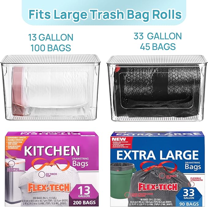 Vtopmart 1 Pack Trash Bag Holder, Stackable Garbage Bag Dispenser for 13/30/33 Gallon Bags, Onion and Potato Storage Bins for Kitchen, Clear Organizer Bins for Under Sink, Laundry Room