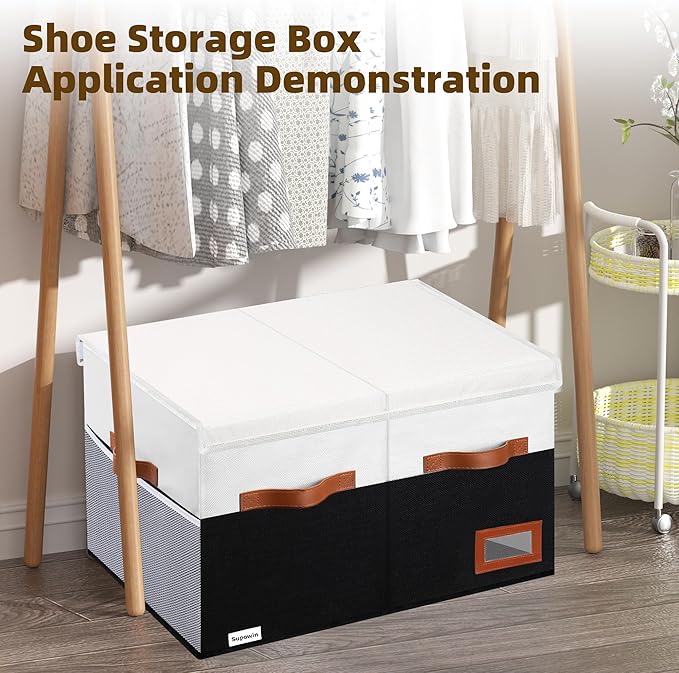 Supowin Shoe Organizer for Closet, Foldable Shoe Storage Bins with Lid & Adjustable Dividers, Fabric Shoe Box Storage Containers with Four Reinforced Handles, Fits 16 Pairs, 1 Pack, Black & White