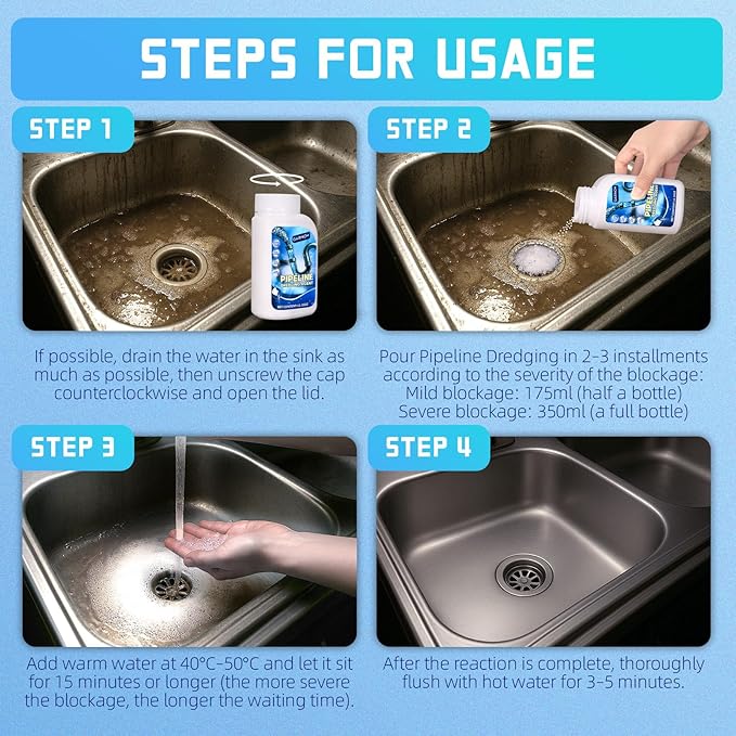 Pipeline Dredging Agent, Powerful Drain Cleaner Agent, Kitchen Unblocker, Sink and Drain Cleaner Powder for Kitchen Toilet Pipeline Quick Cleaning Tool
