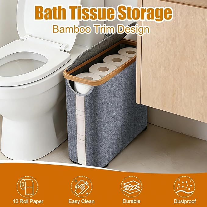 Toilet Paper Roll Storage, Bathroom Slim Toilet Paper Storage with Lid for 12 Rolls, Ultimate Bathroom Organizer with Anti-Slip Base, 17.8" x 6" x 13.8", Grey