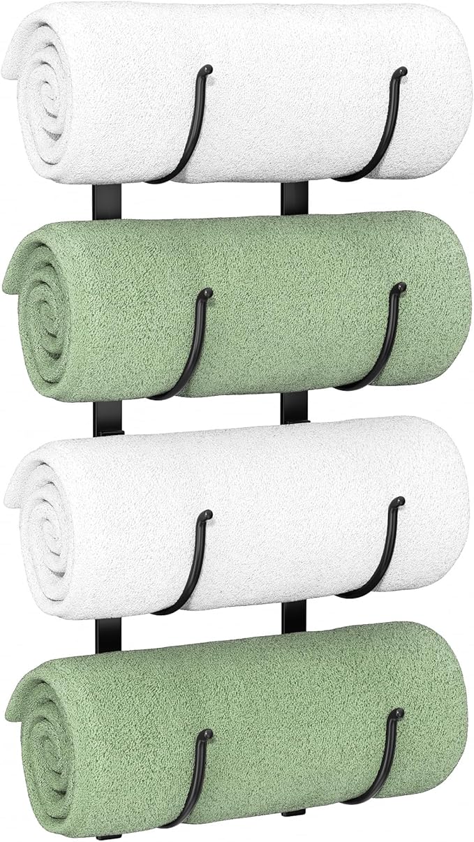 Rolled Towel Rack for Bathroom– 4-Tier Rolled Towel Storage Holder,Metal Organizer for Towels & Large Bath Sheets, Space Saving Rack for Small Bathroom, RV, Camper, Closet, Black Metal
