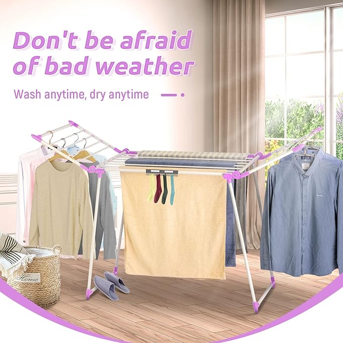 Clothes Drying Rack, Gullwing Laundry Rack, Collapsible, Space-Saving Laundry Rack, with Bonus Sock Clips, for Clothes, Towels, Linens, Indoor/Outdoor, Purple