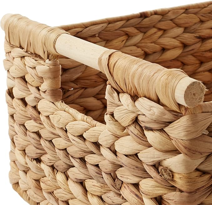 Casafield Set of 3 Water Hyacinth Rectangular Storage Baskets with Wooden Handles - Small, Medium, and Large Woven Nesting Baskets for Organizing
