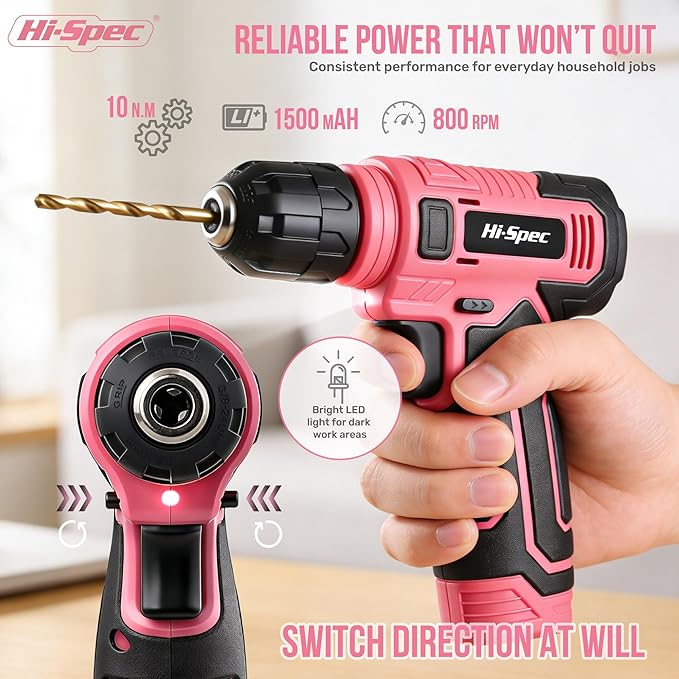 Hi-Spec Pink Tool Set with 8V Drill Set. Complete Cordless & Rechargeable USB Electric Drill Driver Kit for Women, Home DIY Repair & Maintenance, in a Compact Toolbox.