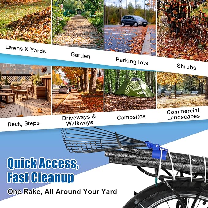 Rake for Leaves: Adjustable Metal Leaf Rake for Lawn, 8-17" Expandable Head, 65” Long Handle,Collapsible Heavy Duty Women Kids Garden Rakes for Yard Pine Needles Mulch Grass Debris Gardening Camping