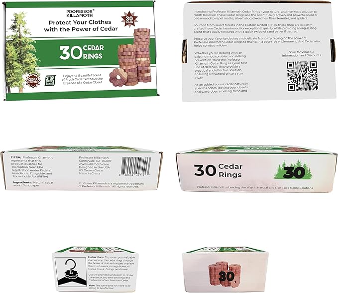 Professor Killamoth 30 Cedar Rings for Clothes Storage - Stop Clothes Damage - 30 Fresh Cedar Rings to Protect Your Clothes