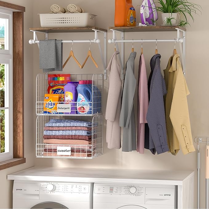 DAOUTIME 2 Set Laundry Room Wall Mounted Shelves With Wire Storage Baskets, Over Washer and Dryer With Hanging Rods and Hooks, for Organization and Storage, White, Wooden