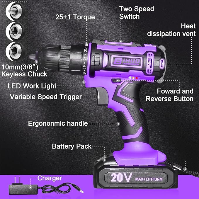 Purple Cordless Drill Set,20V Drill Driver with Battery and Charger,3/8-Inch Keyless Chuck, Variable Speed,with Drills Bits Set