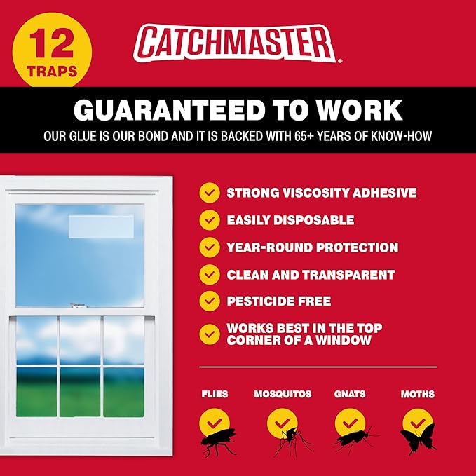 Catchmaster Window Fly Traps 12-Pack, Fruit Fly Traps for Indoors, Disposable Bulk Bug Catcher, Waterproof Insect Glue Trap, Adhesive Strips, Pest Control for Home, Kitchen, & Garage