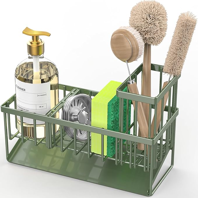 Cisily Kitchen Sink Caddy, Sponge Holder for Kitchen Sink, Kitchen Sink Organzier and Storage with High Brush Holder, 304 Stainless Gadgets Sink Accessories, Organizadores de Cocina Sage Green