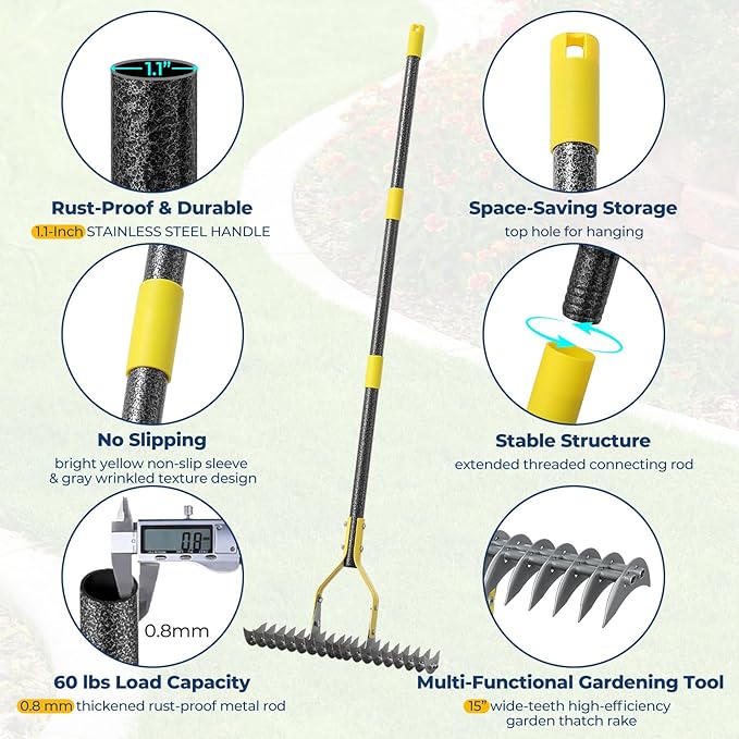 Rake, 70" Heavy Duty Metal Dethatcher Rake with 15" Wide Double-Edged Sharp Tines Thatch Rakes for Lawns,Mulch Dead Grass Removal, Loosening Soil,Lawn Care, Dethatching,Yard,Garden