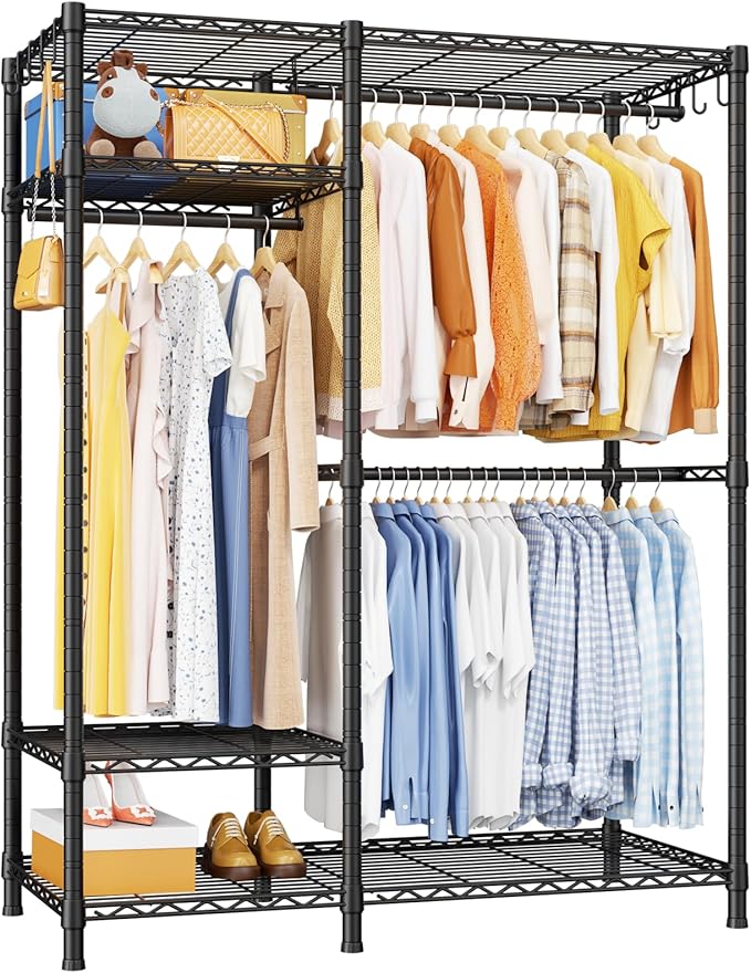 Ulif F7 Medium Garment Rack, Heavy Duty Clothes Rack, Clothing Racks for Hanging Clothes, 6-Tiers Freestanding Portable Closet Storage Rack 45'' W × 14.6'' D × 76.6'' H, Max Load 750 Lbs, Black