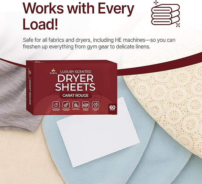 Dryer Sheets – Carat Rouge Scent | Ultra-Soft Essential Oil Dryer Sheet | Long-Lasting Fabric Sheet | 60 PCS Scented Laundry Sheets With Odor Neutralizing Technology by Perfa