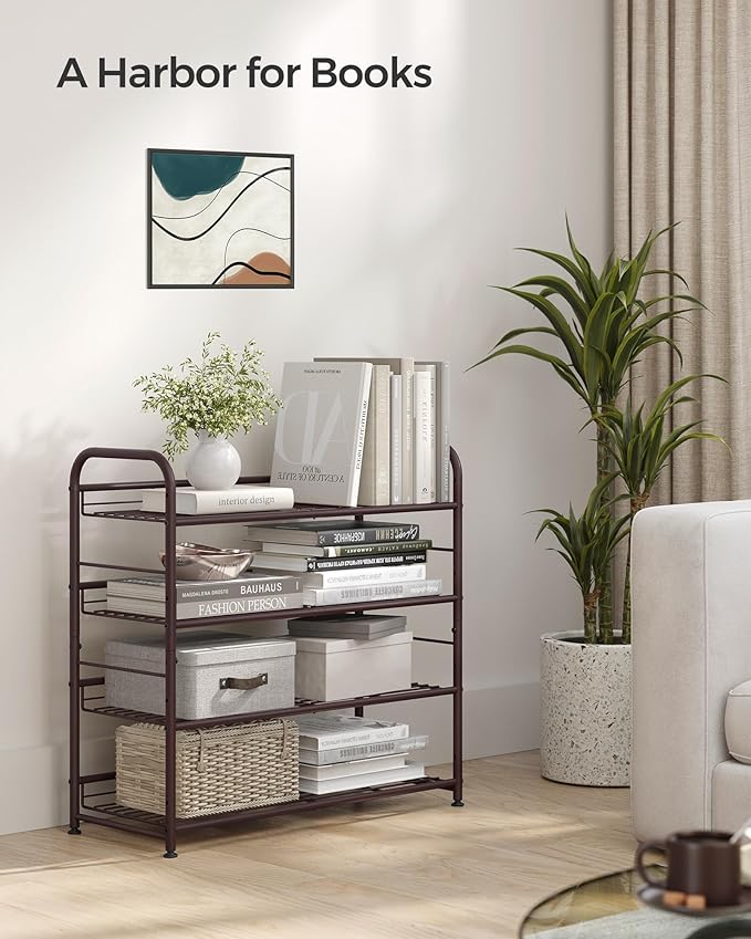 SONGMICS Stackable Shoe Rack, 4 Tier Metal Shoes Rack Storage Shelf, Holds up to 16 Pairs Shoes, Adjustable Slanted Shelves Tower Organizer for Closet Entryway Small Spaces, Bronze