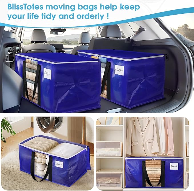 BlissTotes 10 Pack Moving Bags with Clear Window, Storage Bags with Strong Carrying Handles & Zippers,Large Packing Bags for Saving Space, Alternative to Moving Boxes(Blue,20 Gallon)